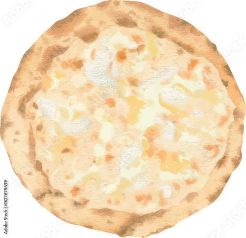 Vector illustration of Bianca Pizza with ricotta, mozzarella, garlic, and olive oil on a white sauce base. Top view