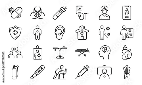 Healthcare and Medical Line Icon Pack – Virus Test, Nurse, Health Report, Mobile Medicine App, Injection, Thermometer, Mental Health, Health Law, and Emergency Equipment Symbols

