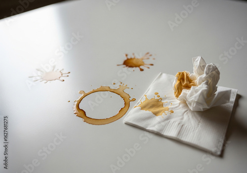 Coffee cup ring stain and messy spills on a white table surface with a napkin
