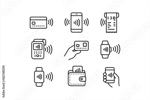 Set of contactless payment icons for card, mobile, wallet, and smartwatch transactions