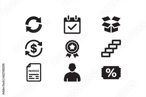 Business and finance icons for document management, invoicing, and goal tracking