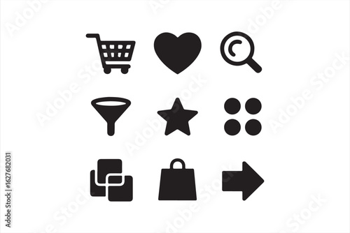 Set of black icons for e-commerce, including shopping cart, search, filter, favorite, and more for digital shopping experiences