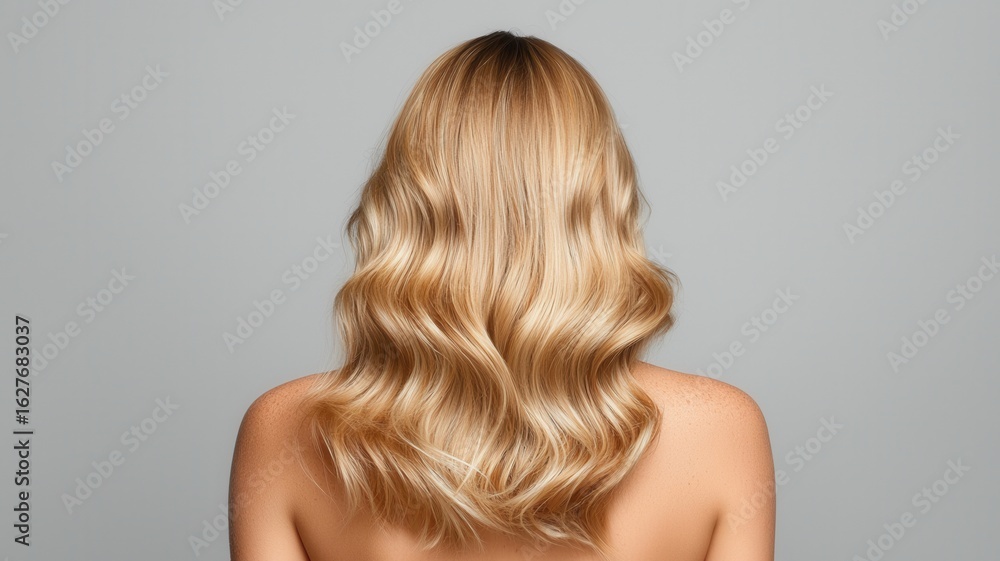 Fototapeta premium Wavy haired blonde model posing gracefully, highlighting natural beauty against vivid turquoise backdrop with confident style