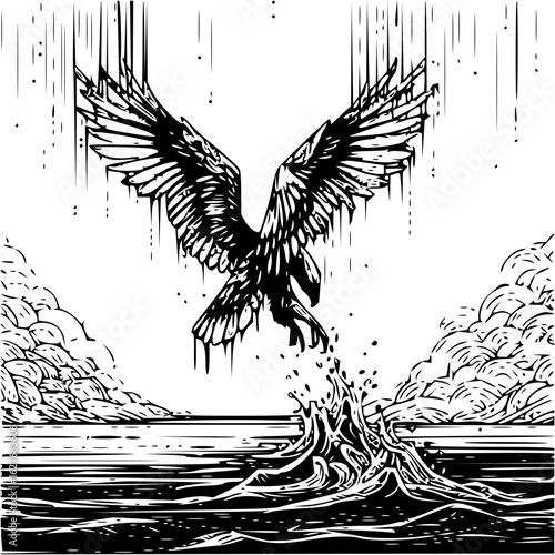 Eagle diving toward water with wings spread and splashing water in a black and white illustration style
