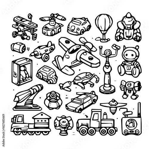 Illustration of various toy vehicles and robots including planes cars and mechanical figures in black and white