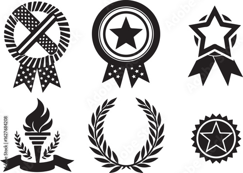 Achieve excellence with patriotic star ribbons, laurel wreath, and torch icons
