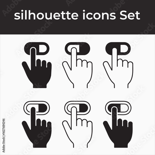 Set of six hand cursor icons interacting with toggle switch elements vector