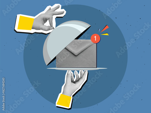 Black and white hands remove the lid from plate with an envelope with unread message notification. Dish with cloche. Modern collage style. Vector illustration