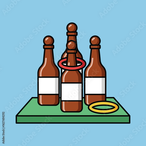 Four brown bottles with white labels on a green surface against a blue background.
