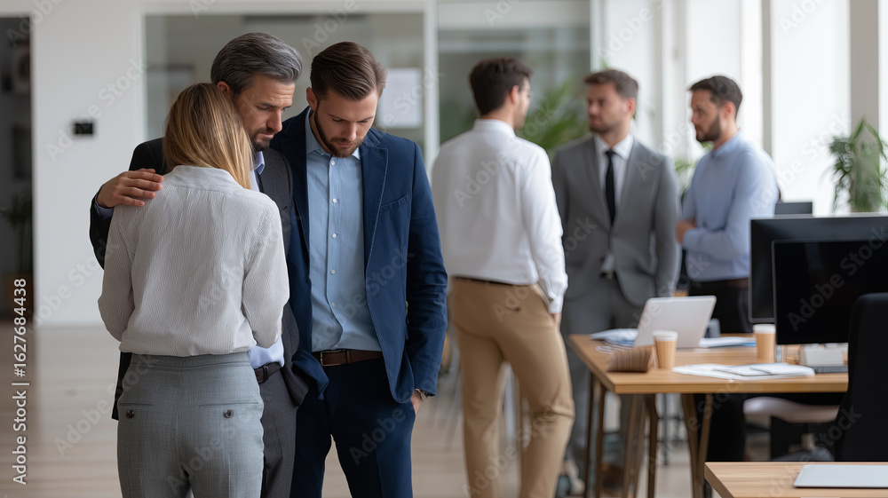 Obraz premium Two sad business professionals comfort each other in an office after a layoff announcement, conveying empathy and emotional support.