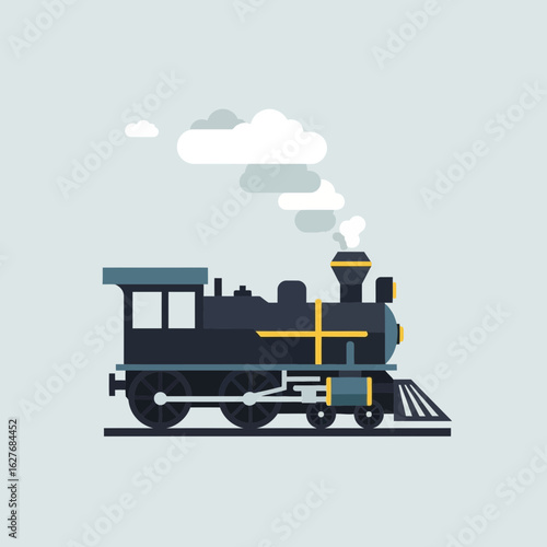 A stylized steam train illustration with white smoke on a light background.