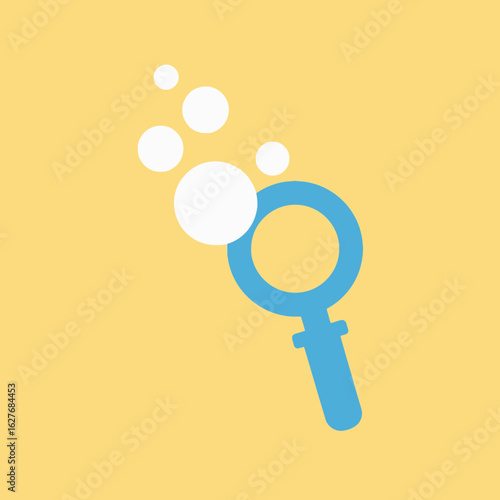 Blue bubble wand with bubbles on a yellow background.