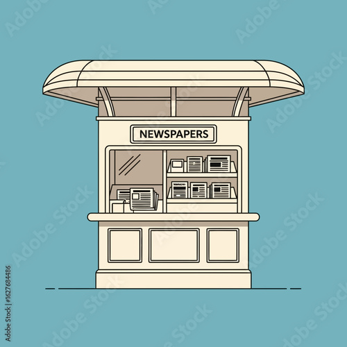 Newspaper stand illustration with beige structure and blue background.