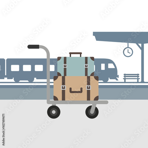 Luggage cart with bags at a train station platform illustration.