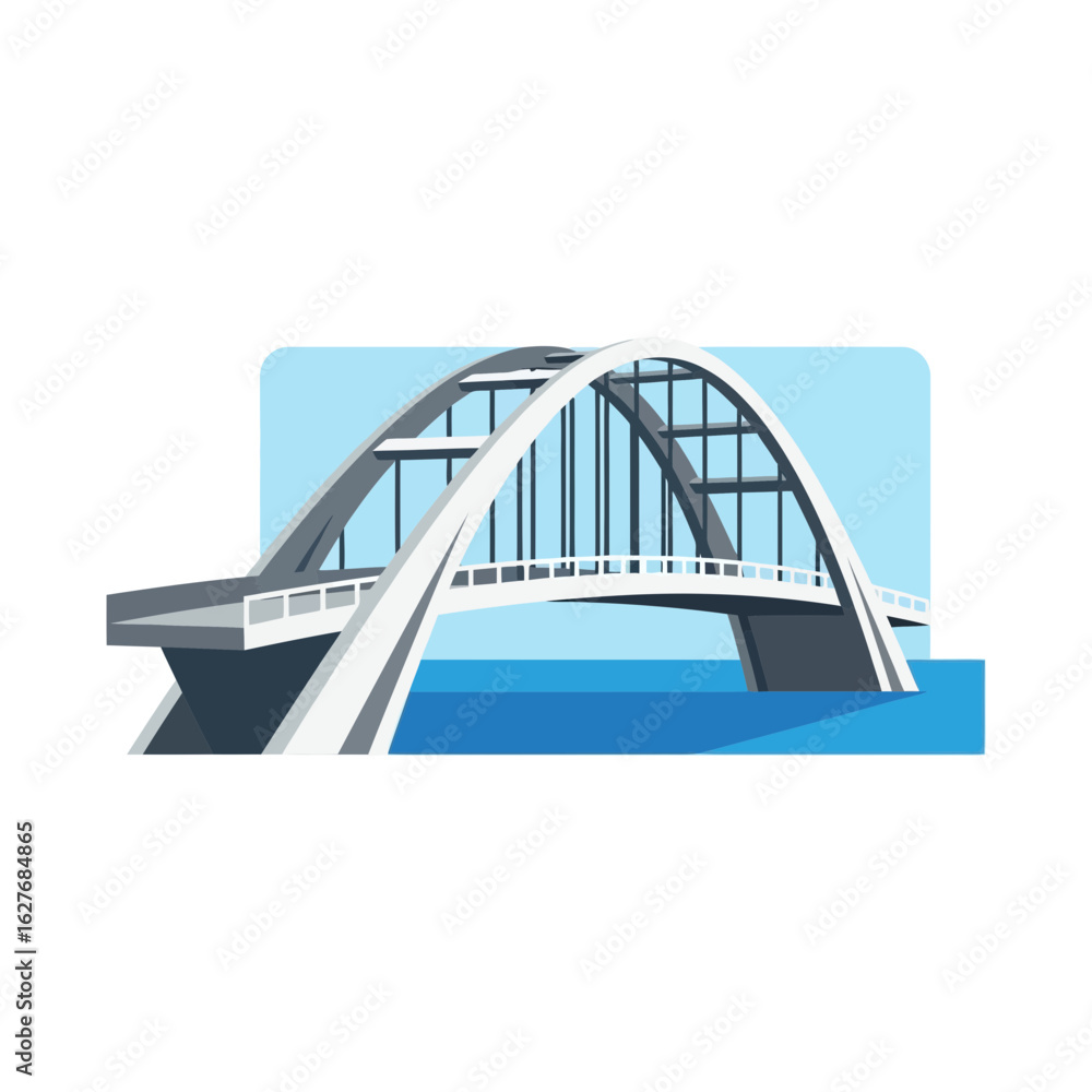 Obraz premium Illustration of a white arched bridge over blue water against a light blue sky.