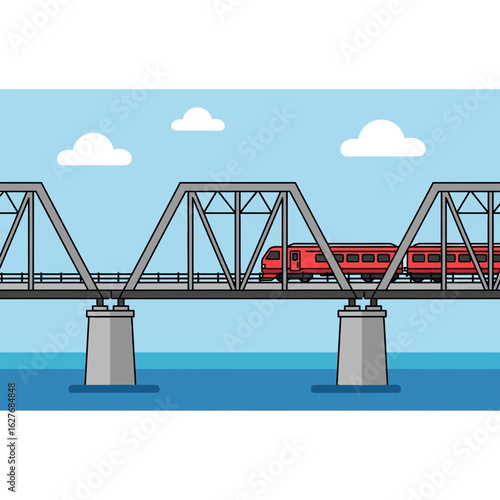 Red train travels across a steel bridge over water under a blue sky.