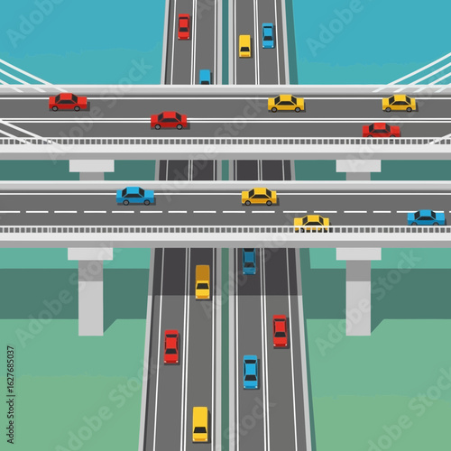 Illustration of a multi-level highway intersection with cars on the road.