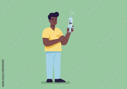 Cartoon Man Holding Syringe with Vaccine, Medical Professional Illustration
