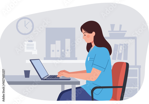 Female Healthcare Worker Typing on Laptop in Office Setting