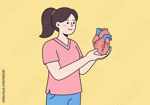 Cartoon Woman Holding Anatomical Heart Illustration on Yellow Background