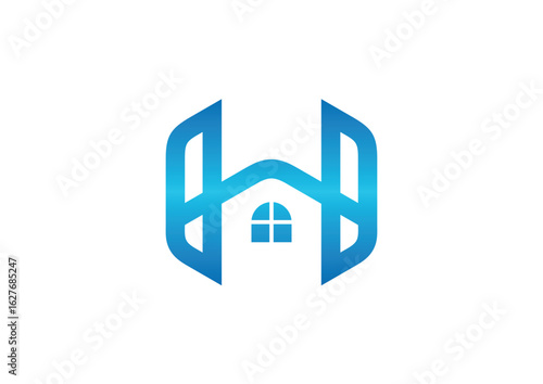 The H logo is integrated with the shiny blue hexagonal roof of the house.