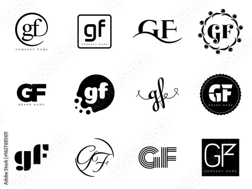 GF logo company template. Letter g and f logotype. Set different classic serif lettering and modern bold text with design elements. Initial font typography.