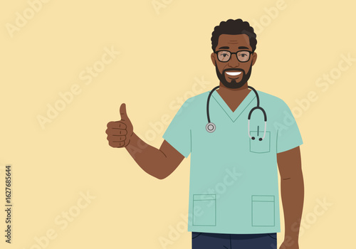 Smiling African American Doctor Giving Thumbs Up in Teal Scrubs