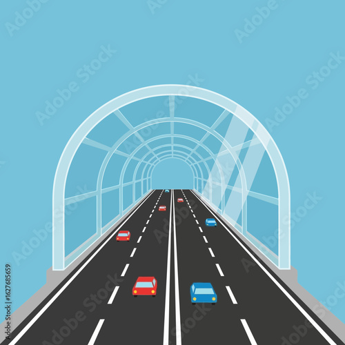 Cars drive through a tunnel on a road under a blue sky.