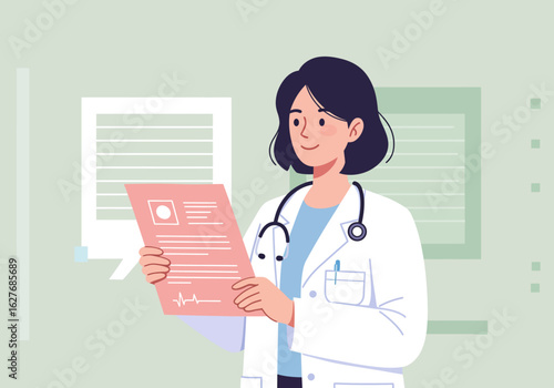 Female Doctor Reviewing Patient Medical Records in Clinic