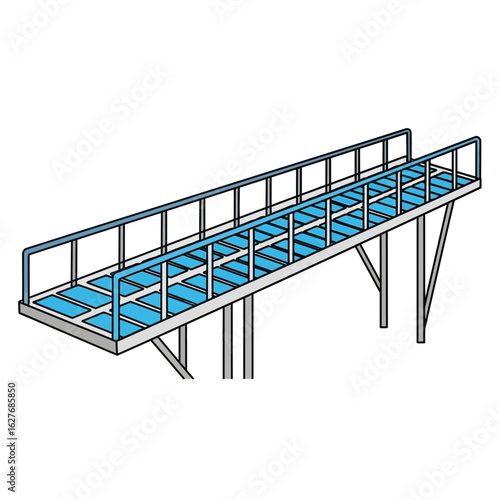 Elevated walkway structure with metal railings and support beams against a white background.
