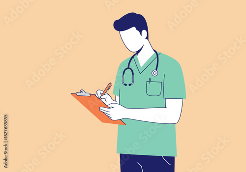 Medical Professional Taking Notes on Clipboard in Green Scrubs