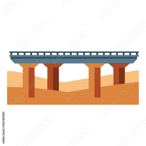 A blue bridge supported by brown pillars over a tan ground.