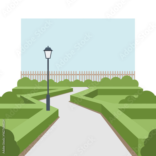Path through a garden with hedges and a lamp post under a blue sky.