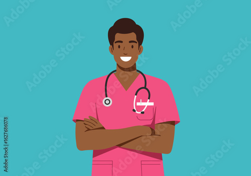 Smiling Male Nurse with Stethoscope and Pink Scrubs on Blue Background