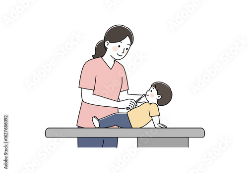 Dentist examining a young boy's teeth with a dental instrument on a table.