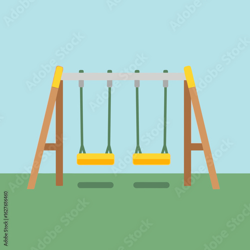 A swing set with two swings stands on a green surface against a blue background.