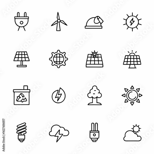 Renewable energy and sustainability vector icons set including solar wind and hydroelectric power for eco friendly living