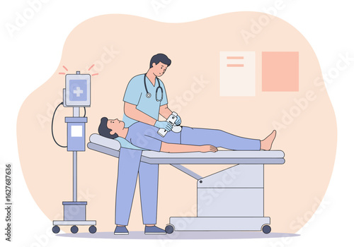 Doctor Performing Ultrasound on Patient Lying on Examination Table in Hospital Room