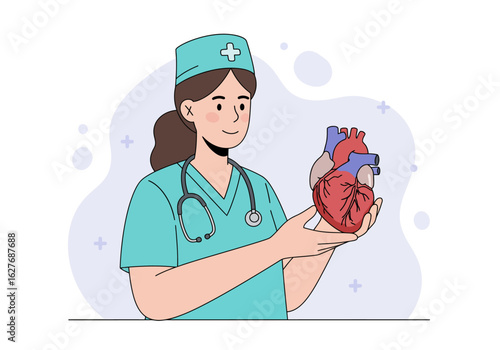 Cartoon Nurse Holding Anatomical Heart Model for Medical Illustration