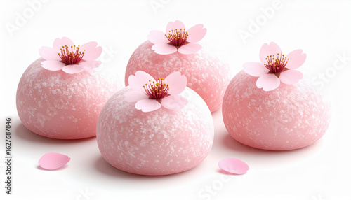 Soft pink mochi with cherry blossom decorations, delightful seasonal Japanese treat, evokes sense of springtime joy
