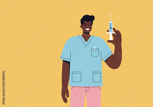 Cartoon Doctor Holding Syringe with Vaccine on Yellow Background