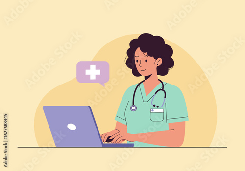 Female doctor using laptop with medical cross speech bubble illustration.