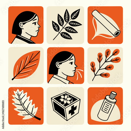 Set icon of respiratory health with leaves and natural remedies  