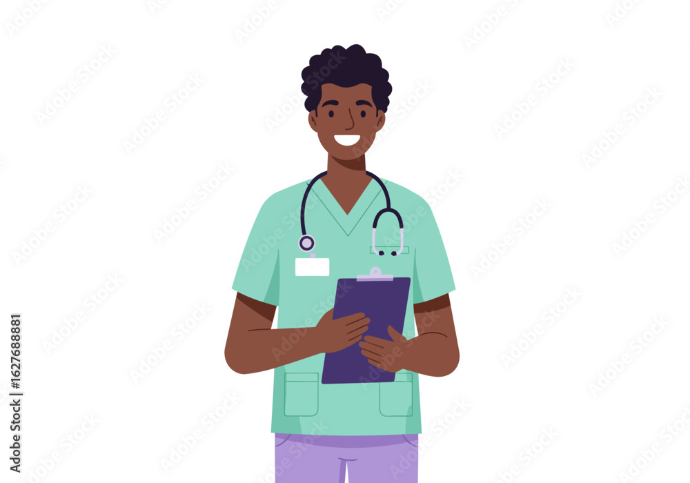 Smiling African American Doctor Holding Clipboard in Green Scrubs Smiling African American Doctor Holding Clipboard in Green Scrubs