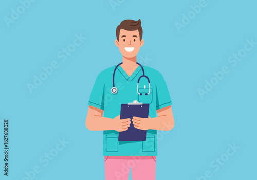 Smiling Male Nurse Holding Clipboard with Stethoscope Around Neck
