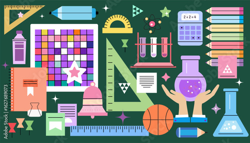 Back to school template design  banner  School stuff, supplies bundle. Stationery, items, accessories,  folder, pencil, pen   Flat vector cartoon  illustration