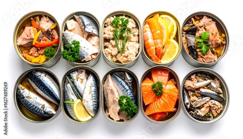 Assortment of Canned Seafood: Tuna, Salmon, Shrimp, and Sardines in Various Preparations