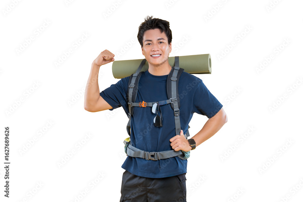 A happy backpacker is ready to travel. The backpacker is ready to face the challenges of a new journey on png background A happy backpacker is ready to travel. The backpacker is ready to face the challenges of a new journey on png background