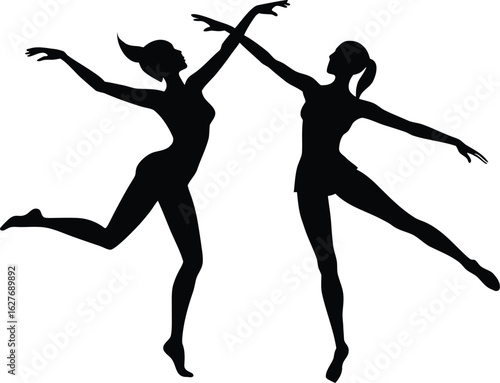 synchronized ballet dancers silhouette performing elegant dance movements in vector art