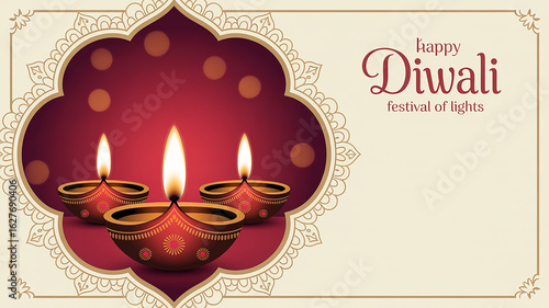 Happy Diwali greeting with three lit diyas and ornate border festival of lights lamp